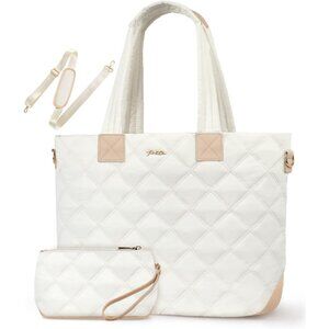Women's Beige Polyester Puffer Shoulder Compartment Quilted Work Tote Bag